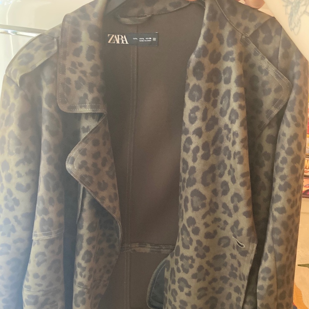 ZARA LEOPARD TRENCH COAT SUEDE GREEN